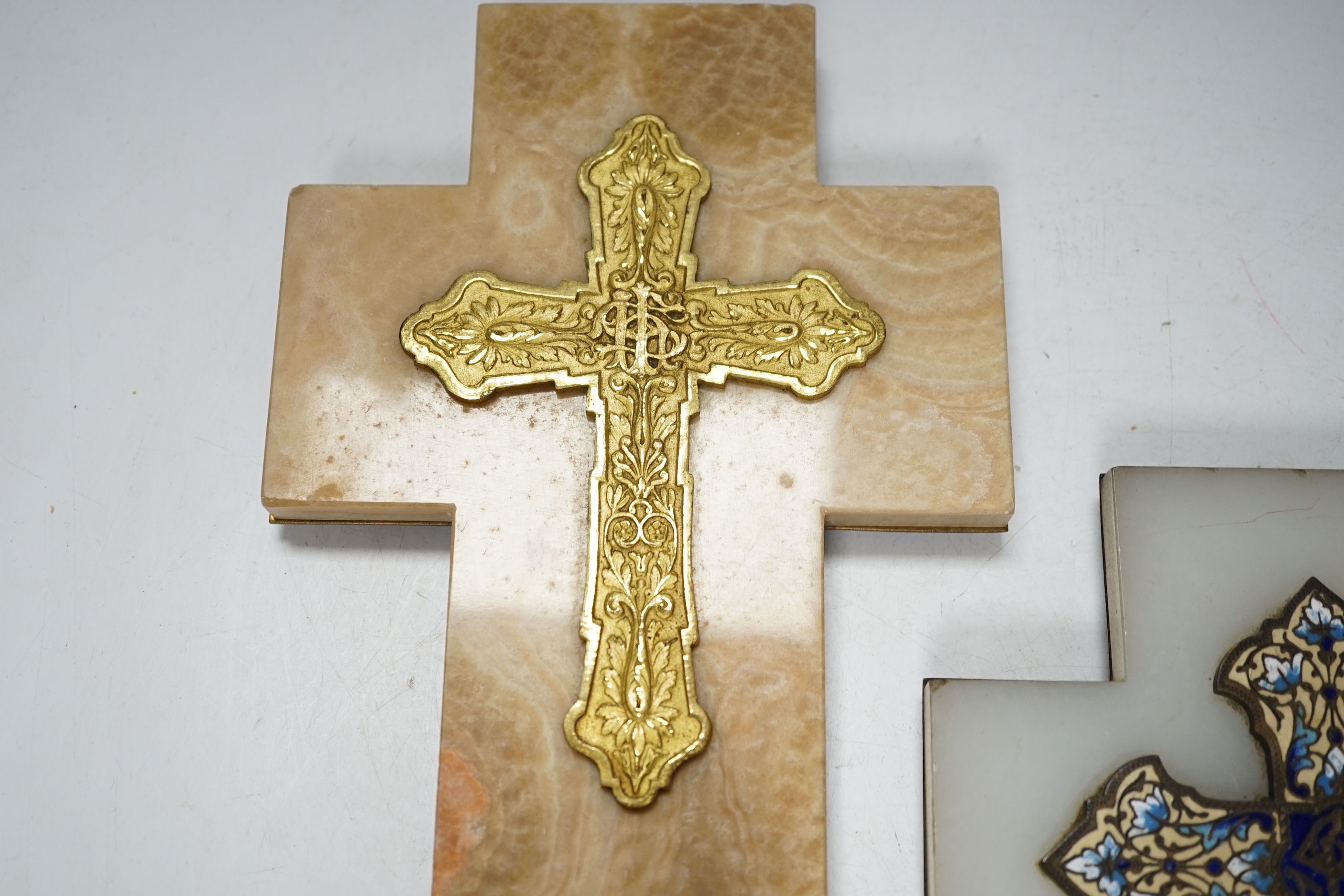 Two ‘holy water’ onyx mounted church stoups, largest 25cm high
